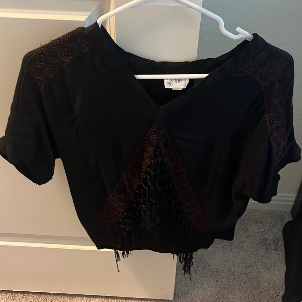 Black and red top with fringe